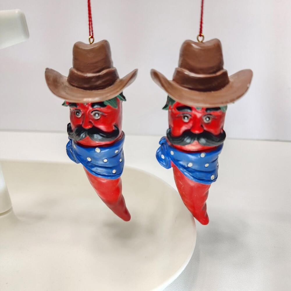 (2) Red Chili Pepper Face Christmas Ornament Cowboy Head Hat Bandana Western 4in